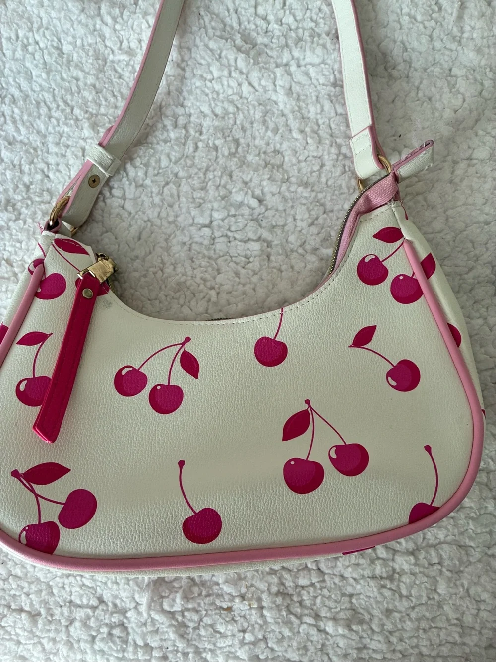 Claire's White Shoulder Bag with Pink Cherry Print